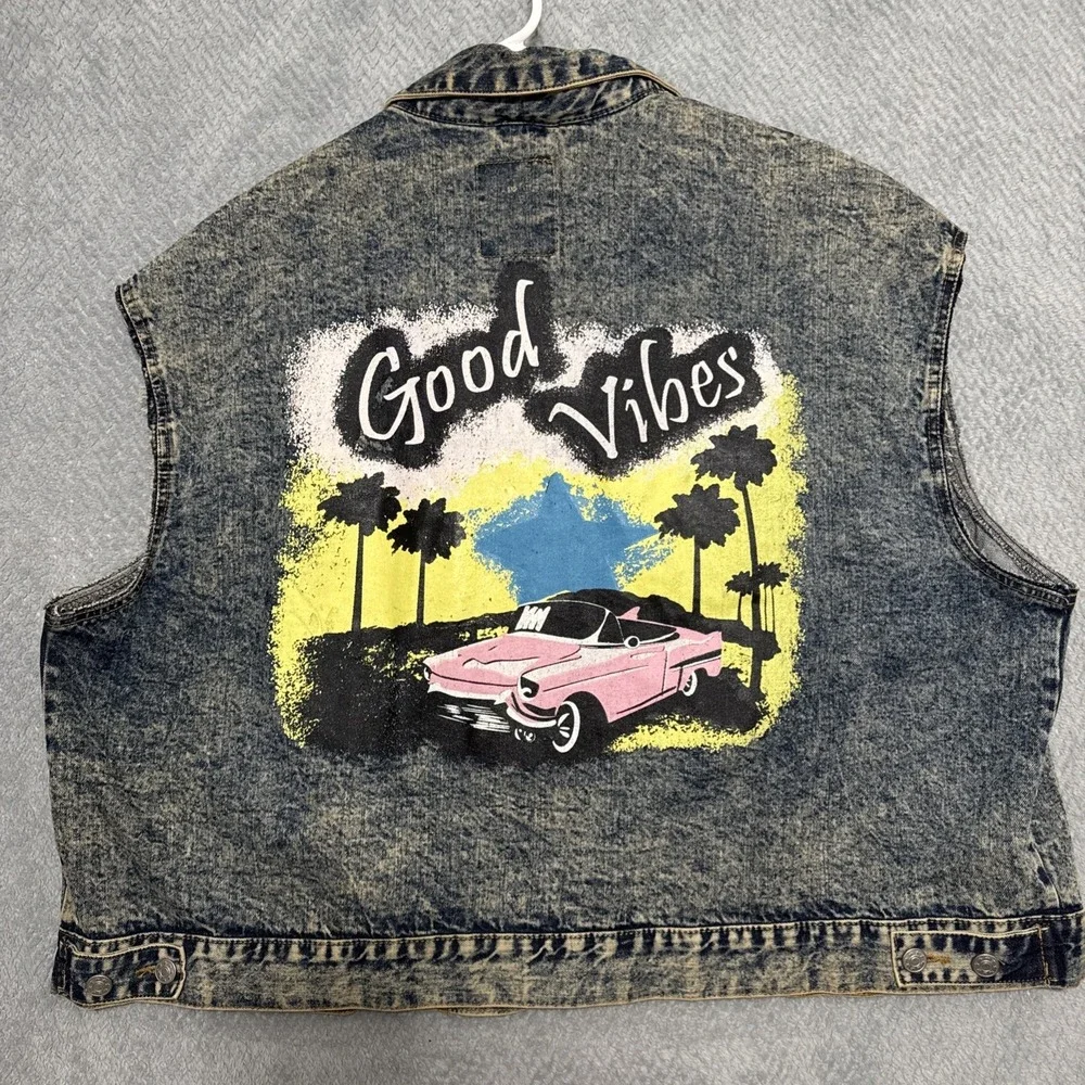 Louise Paris Mens Denim Vest Sz 3X Good Vibes Print On Back